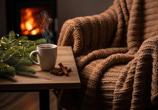 Escape the chill with a steaming cup of tea by the cozy fireplace, wrapped in a soft blanket, creating a warm and inviting winter scene filled with holiday cheer and relaxation