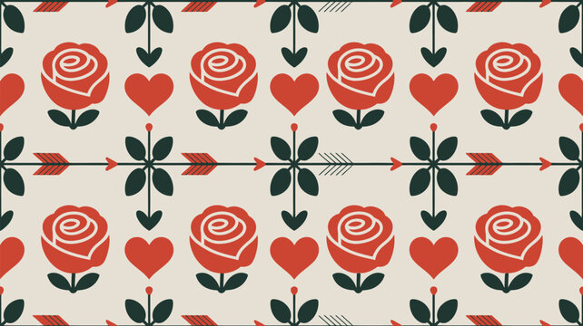Romantic floral pattern with roses and hearts for Valentine's Day designs and backgrounds, perfect for love themed crafts, gifts and digital projects