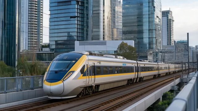 A high-speed electric train moving along elevated tracks, symbolizing innovation, sustainability, and the future of smart transportation networks. cinematic color correction, natural uneven