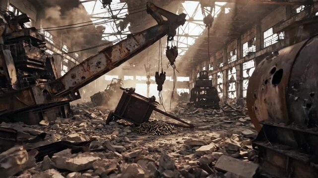 Abandoned Factory Interior Featuring Debris and Industrial Machinery