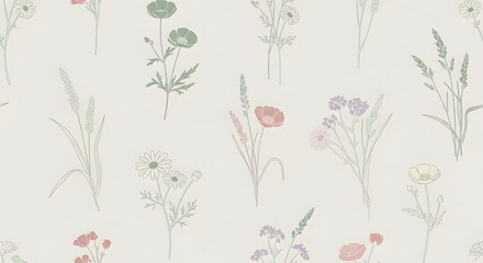 Delicate botanical illustration seamless pattern with wildflowers and subtle watercolor accents