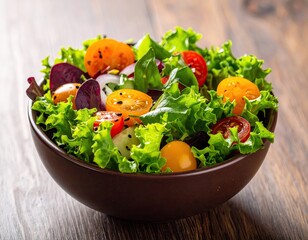 Fresh Green Salad in Brown Bowl on Wooden Table