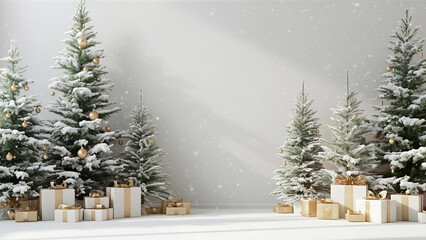 Winter Christmas background with snowy pine trees and golden gift boxes in the snow.