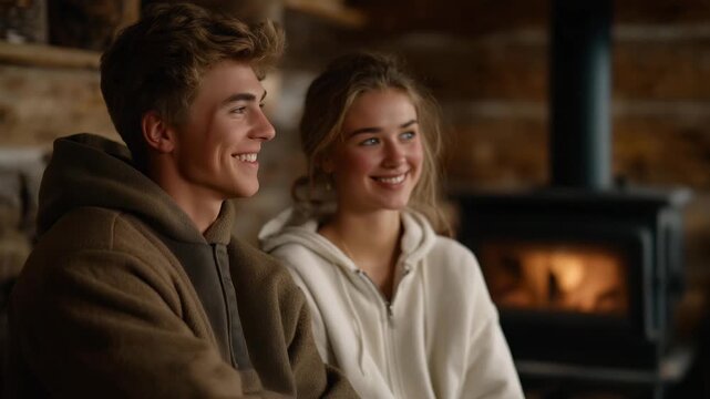 A young couple sitting near a wood-burning stove in a rustic cabin, highlighting sustainable heating, off-grid living, and eco-friendly energy sources. cinematic color correction, natural uneven