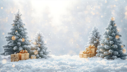 Winter background with snow-covered trees and shining golden presents for Christmas.