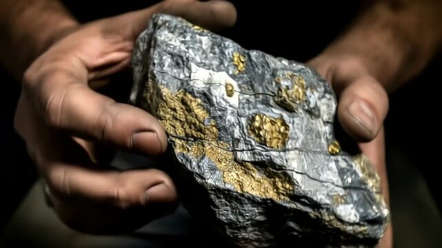 Miner holding a valuable gold ore rock in his hands.