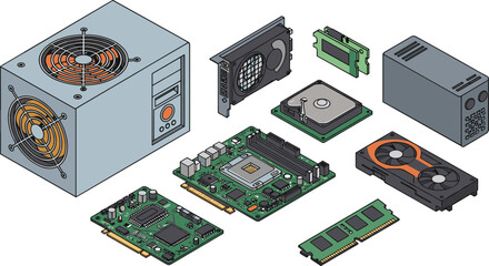 Isometric computer hardware illustration, desktop components, motherboard, CPU, GPU, SSD, HDD, RAM, PSU, cooling fan, tech parts, digital art