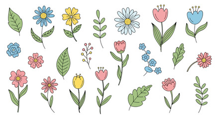 Collection of hand-drawn flowers and leaves in various colors and styles, isolated on white background.