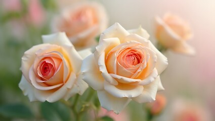 A closeup shot of delicate peach and cream roses blooming in soft, natural light, with a blurred background creating a dreamy and romantic atmosphere, perfect for themes of love and beauty