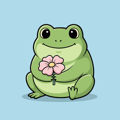 A cute cartoon green frog with big eyes is sitting and holding a pink flower with a stem on a light blue background.