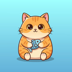 Cute cartoon orange tabby cat holding a blue fish on a light blue background, with big adorable eyes.