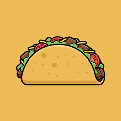 A vibrant cartoon illustration of a delicious hard shell taco filled with seasoned meat, fresh lettuce, diced tomatoes, and grated cheese on a warm background.