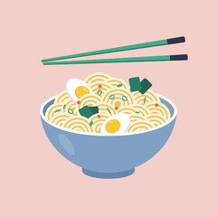 A light blue bowl of ramen noodles with two boiled eggs, green onions, and seaweed, served with green chopsticks on a pink background.