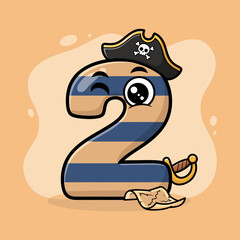A cute cartoon number two character dressed as a pirate with a hat, sword, and treasure map.