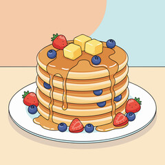 Delicious stack of golden pancakes topped with fresh berries, butter, and sweet syrup on a white plate, ready for breakfast.