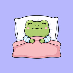 A cute cartoon green frog happily sleeping in bed under a pink blanket with a white pillow and striped pajamas on a purple background.