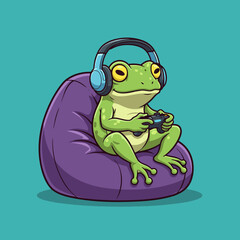 Cartoon illustration of a green frog wearing headphones and playing video games on a purple beanbag chair.
