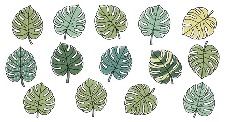 Fototapeta premium A collection of stylized monstera leaves in various shades of green and yellow, outlined in black, scattered across a white background.