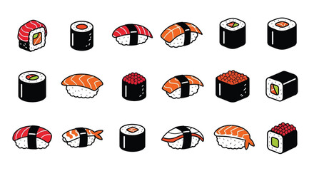 An isometric collection of various colorful pieces of japanese sushi © IMkM00i76