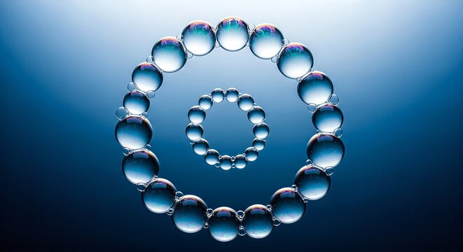 Abstract Water Droplet Spirals on Blue Background.