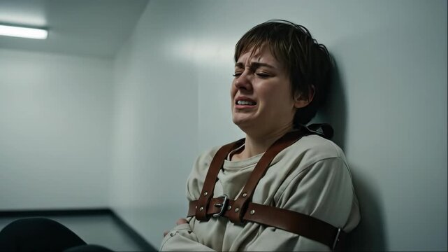 Woman in a straitjacket showing distress in an institutional setting. Concept of mental health, confinement, and emotional struggle.
