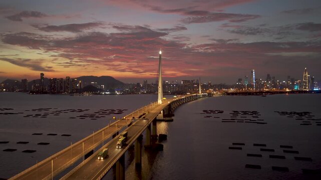 Shenzhen Bay Bridge Aerial at sunset China 