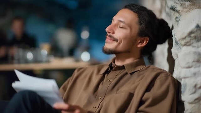Candid moment of director resting against a wall, eyes closed with subtle smile, script in lap — symbolizing gratitude, personal fulfillment, reflective artistry, and the human emotions