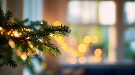 Christmas tree branch glowing in warm window light
