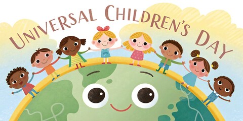 Universal Childrens Day illustration diverse kids holding hands on Ear