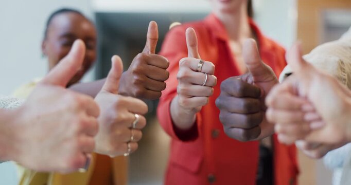 Business, hands and people with thumbs up in office for vacancy success, group vote and approval. HR team, hiring committee and yes emoji at workplace for candidate feedback, job opportunity or offer