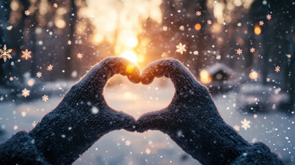 person making loving heart shape with gloved hand in magical winter wonderland at sunset. This beautiful snowy background with falling snow evokes warmth and romance.