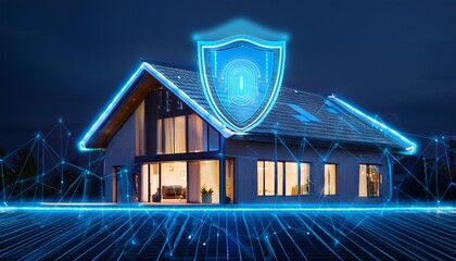 futuristic smart house with a striking blue neon light on the roof surrounded by a protective grid shield overlay