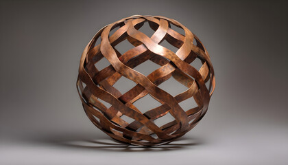 Copper-colored geometric metal ball made from interlocking curved strips forming a spherical lattice sculpture