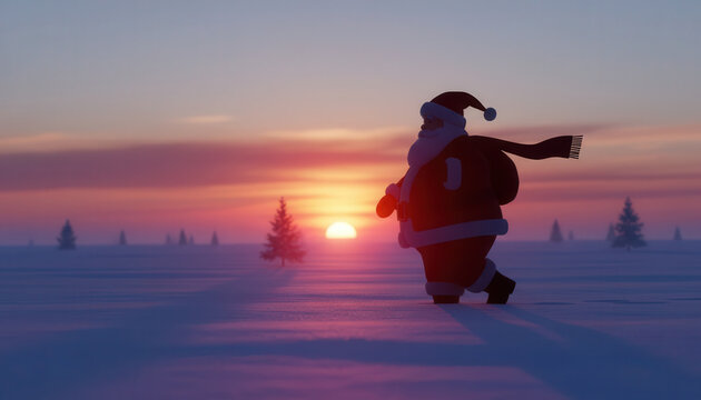 Santa Claus winter silhouette with red scarf against sunset sky outdoors nature scene - Powered by Adobe