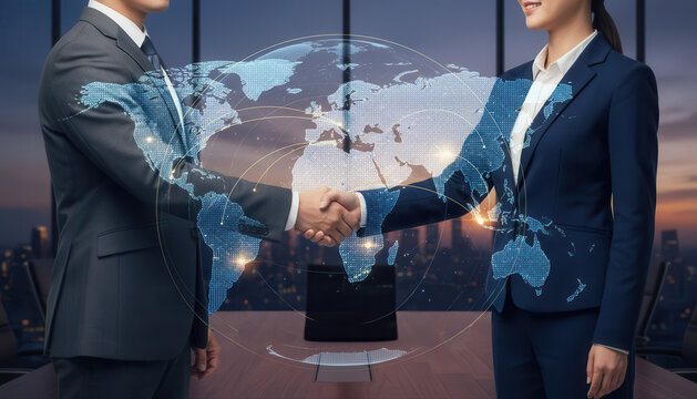 Business handshake partnership agreement cityscape office professional collaboration