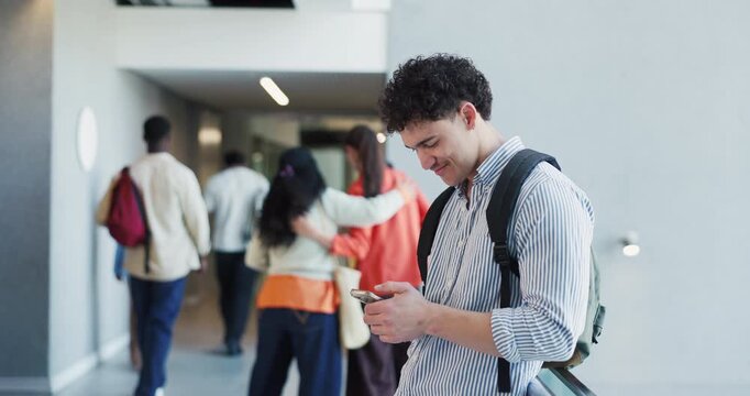 Man, college student and phone with texting at campus, contact or search for class schedule. Person, smartphone and scroll with mobile app in corridor, reminder or smile for university scholarship