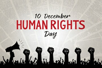 Human Rights Day illustration observed on December 10th with raised fists and a crowd silhouette vector design for social justice campaigns