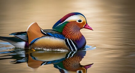 Vibrant mandarin duck swimming in calm water reflection