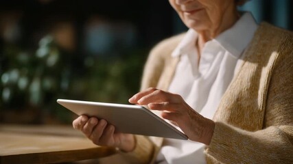 Close-up of elderly hands holding a tablet with speech recognition features activated, showing accessibility, human-centered design, and the empowerment of seniors through digital voice technology. - Powered by Adobe
