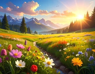 A vibrant sunrise casts golden light over a blooming meadow, mountains in the distance, and a small stream meandering