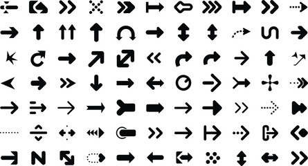 Black and white vector icon set of alphabet, numbers, arrows, and web symbols for design element collection