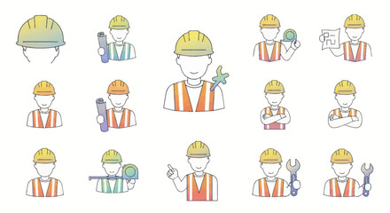 Collection of Illustrated Construction Worker Icons with Various Poses.
