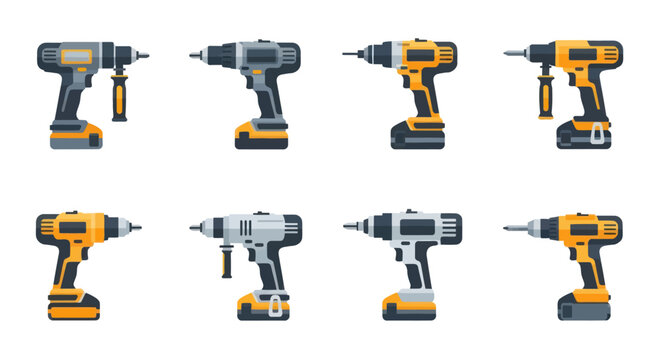 Collection of various cordless power drills for construction and DIY projects.