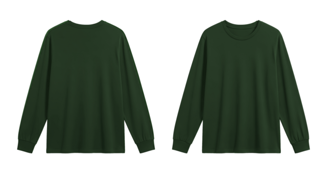 Dark Green Long Sleeve T-Shirt Mockup Front and Back View Isolated on White Background