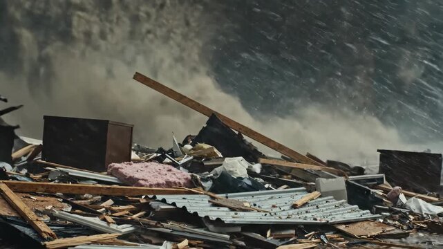 Damage to House During a Severe Storm With Debris Flying