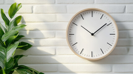 Minimal wall clock with plant casting soft shadow on textured white brick wall