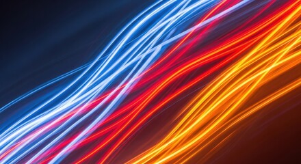 Abstract streaks of blue red and orange light trails on a dark background