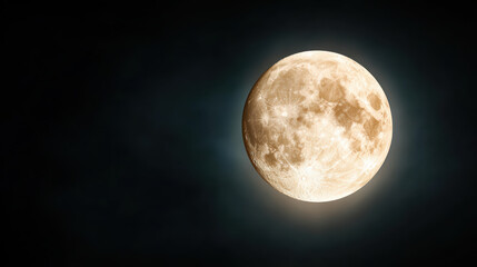 Obraz premium Golden full moon glowing behind thin cloud haze, tranquil cinematic night sky