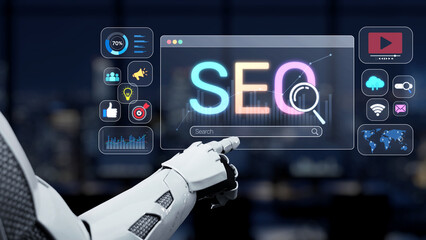 A futuristic robot interacts with a digital screen showcasing SEO metrics and analytics,...