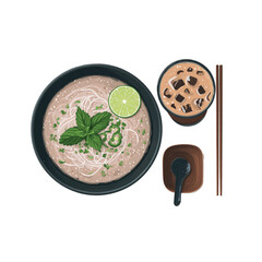 Vietnamese Pho Noodles with Drink and Chopsticks